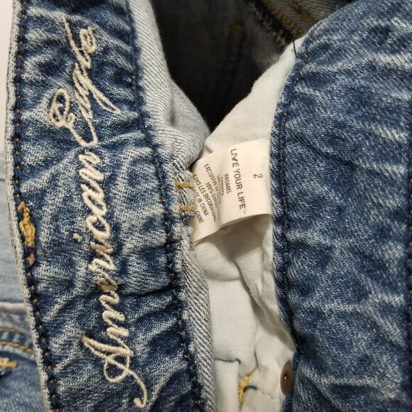 American Eagle shorts 2 distressed denim jean micro mini low rise Y2K whiskered - Picture 13 of 14